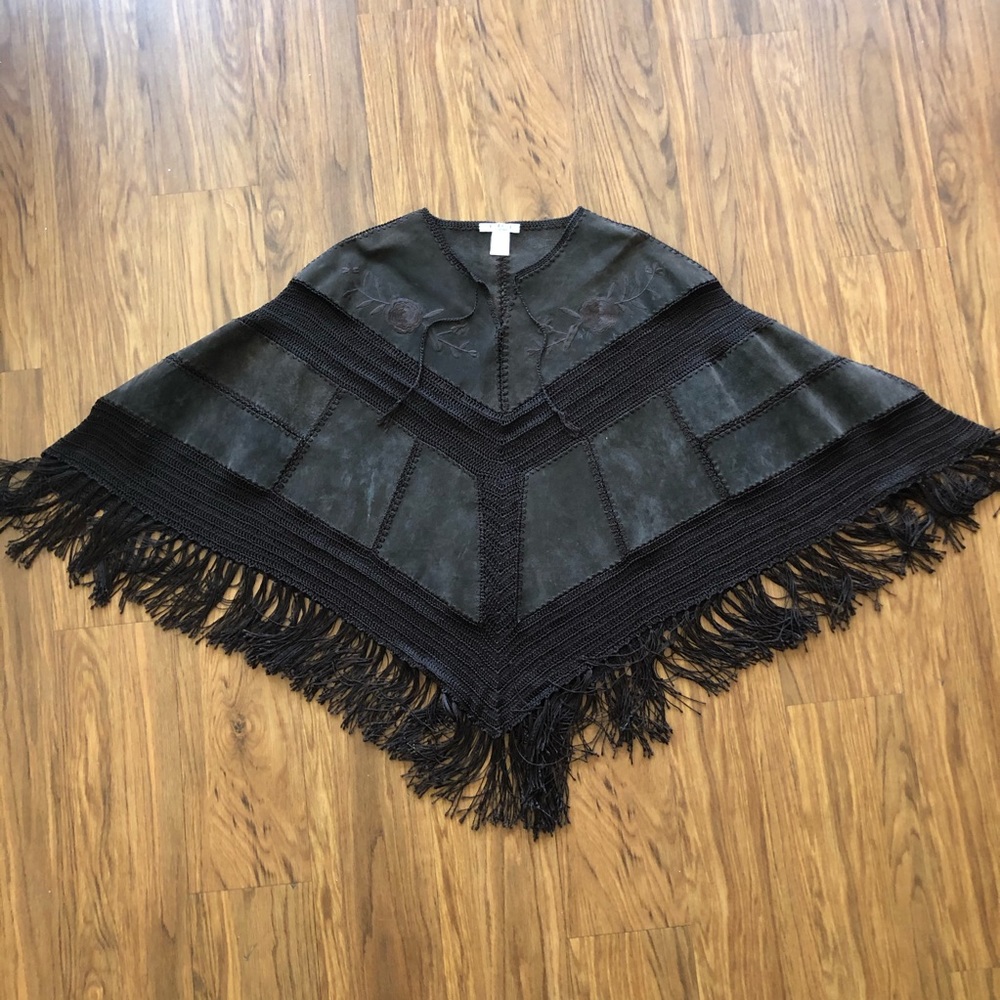 1960s Vintage Leather Crochet Fringe Poncho